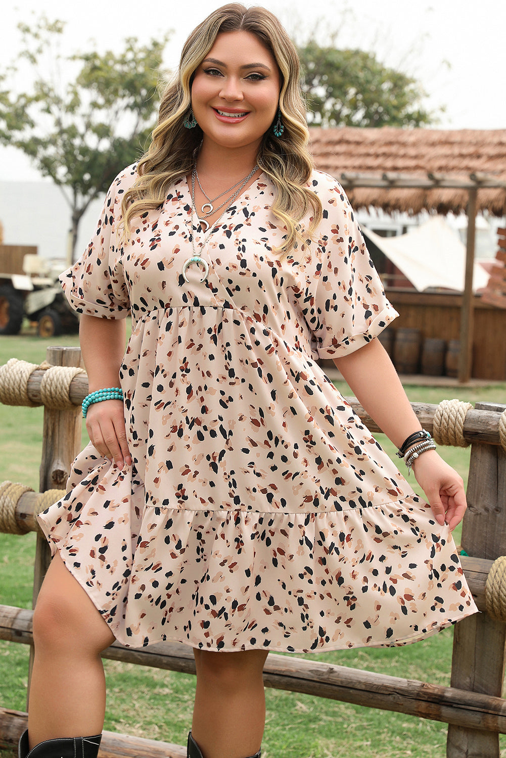 Beige Printed Surplice V-Neck Cuffed Sleeve Empire Waist Plus Size Dress