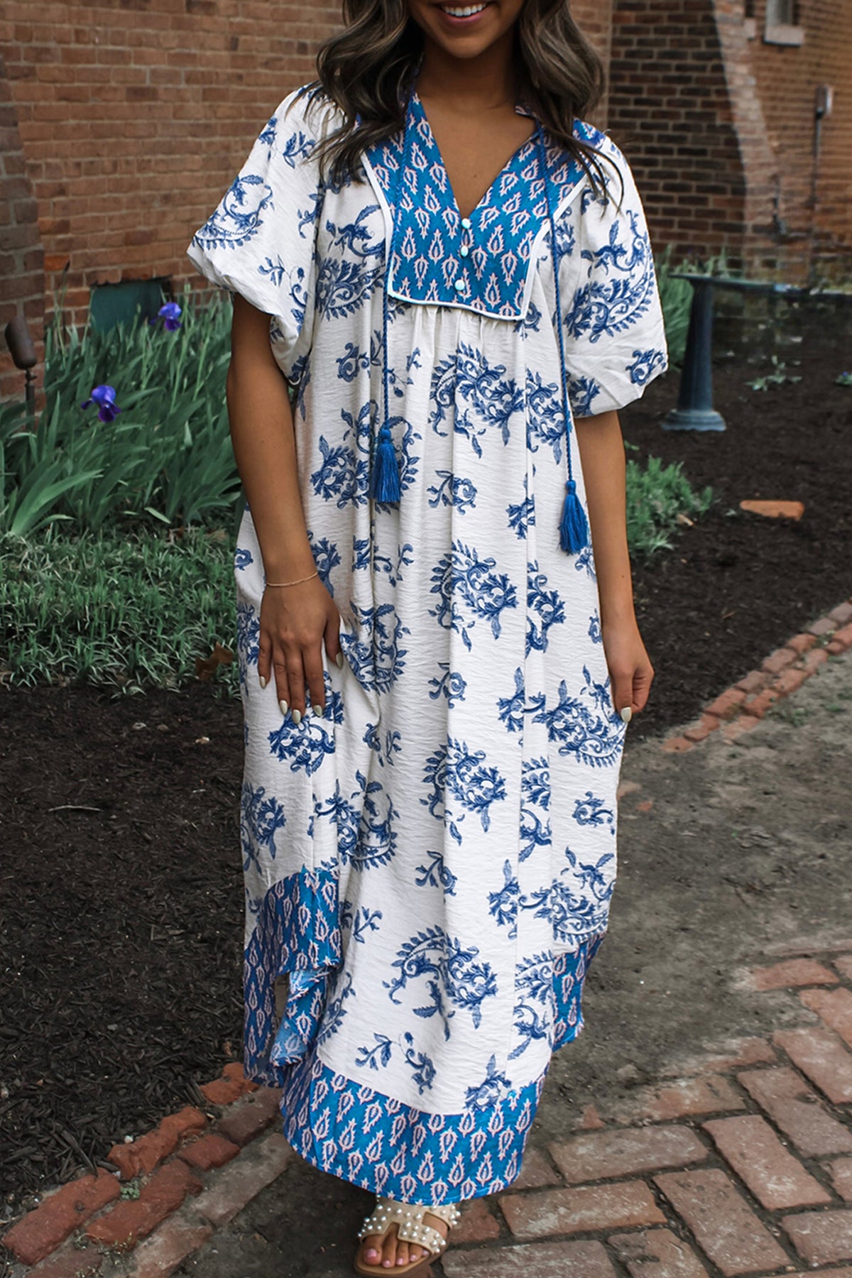 Sky Blue Boho Abstract Print V Neck Tassel Tie Dress