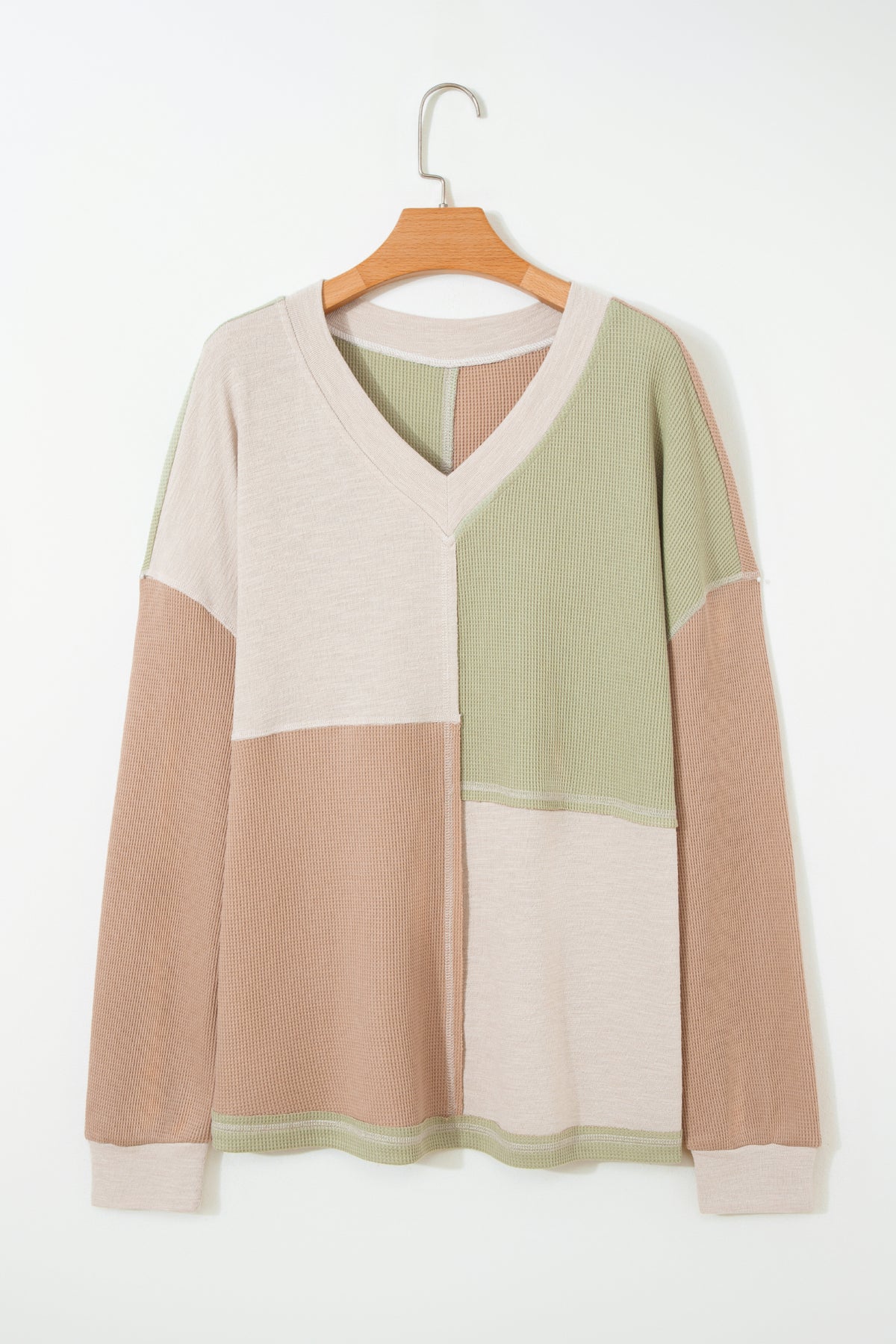 Green Plus Mixed Texture Color-Block Patchwork V-Neck Long-Sleeve Top