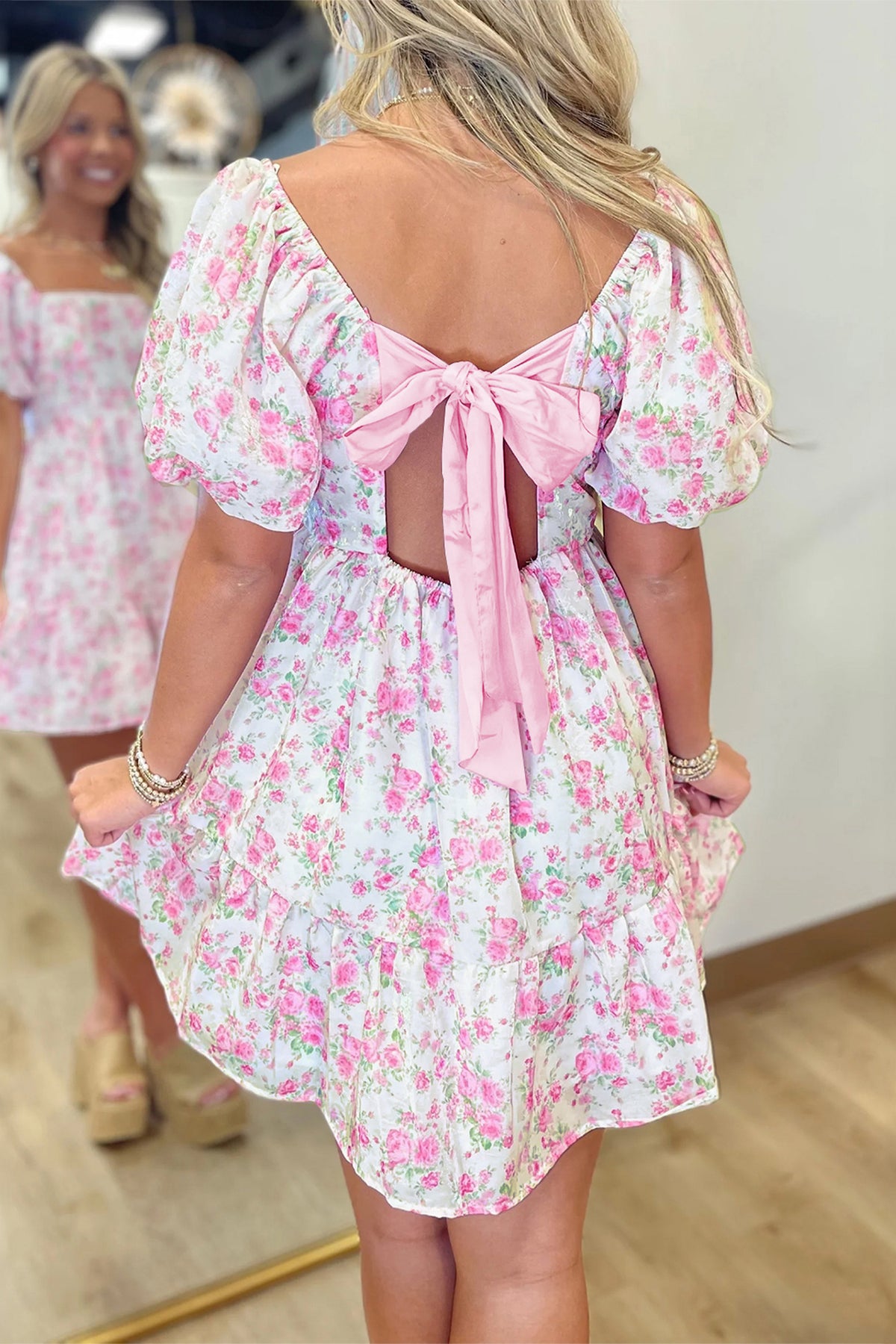 Pink Floral Bow Square-Neck Mini Dress