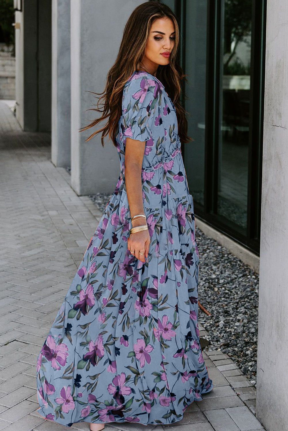 Sky Blue Fiery Floral Print V Neck Short Sleeve Maxi Dress