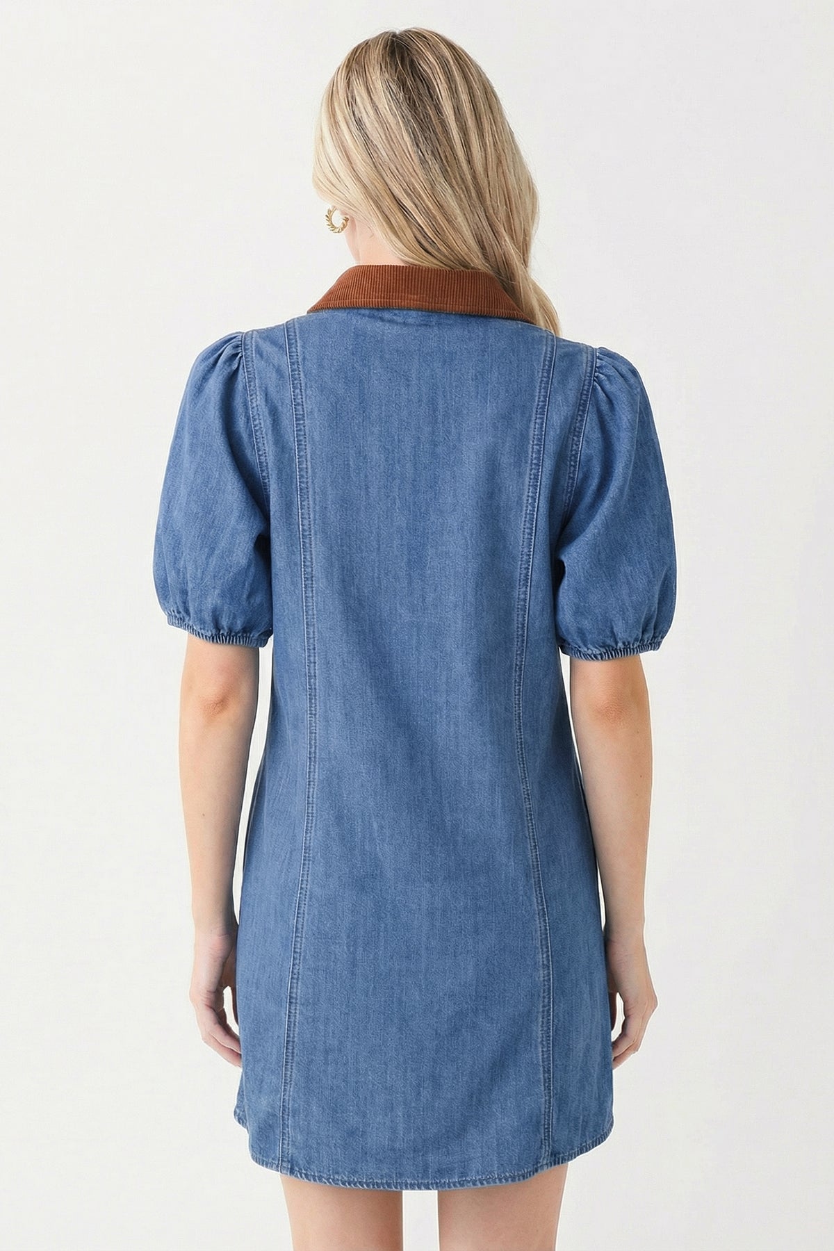 Blue Denim Short Puff Sleeve Color Block Patchwork Mini Dress