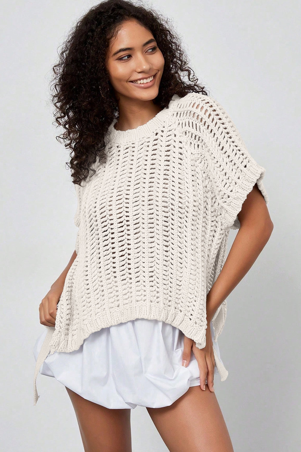 White Plus Size Open Knit Bow Tie Short-Sleeve Sweater
