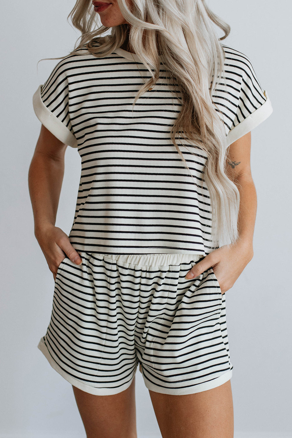 Women's White Stripe Contrast Edge Tee and Shorts Set