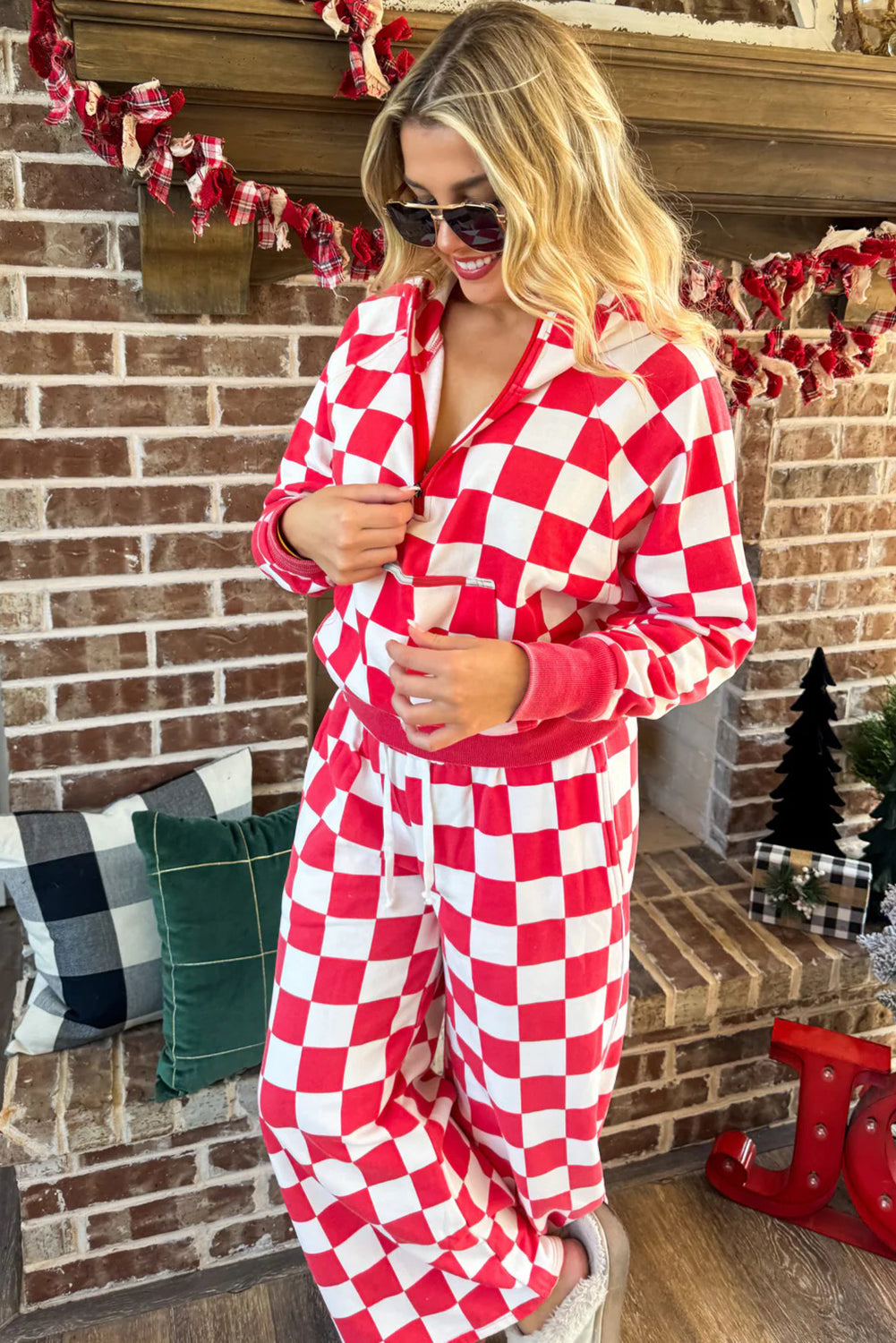 Women's Red Checkered Print Half Zip Hoodie Pants Two-Piece Set