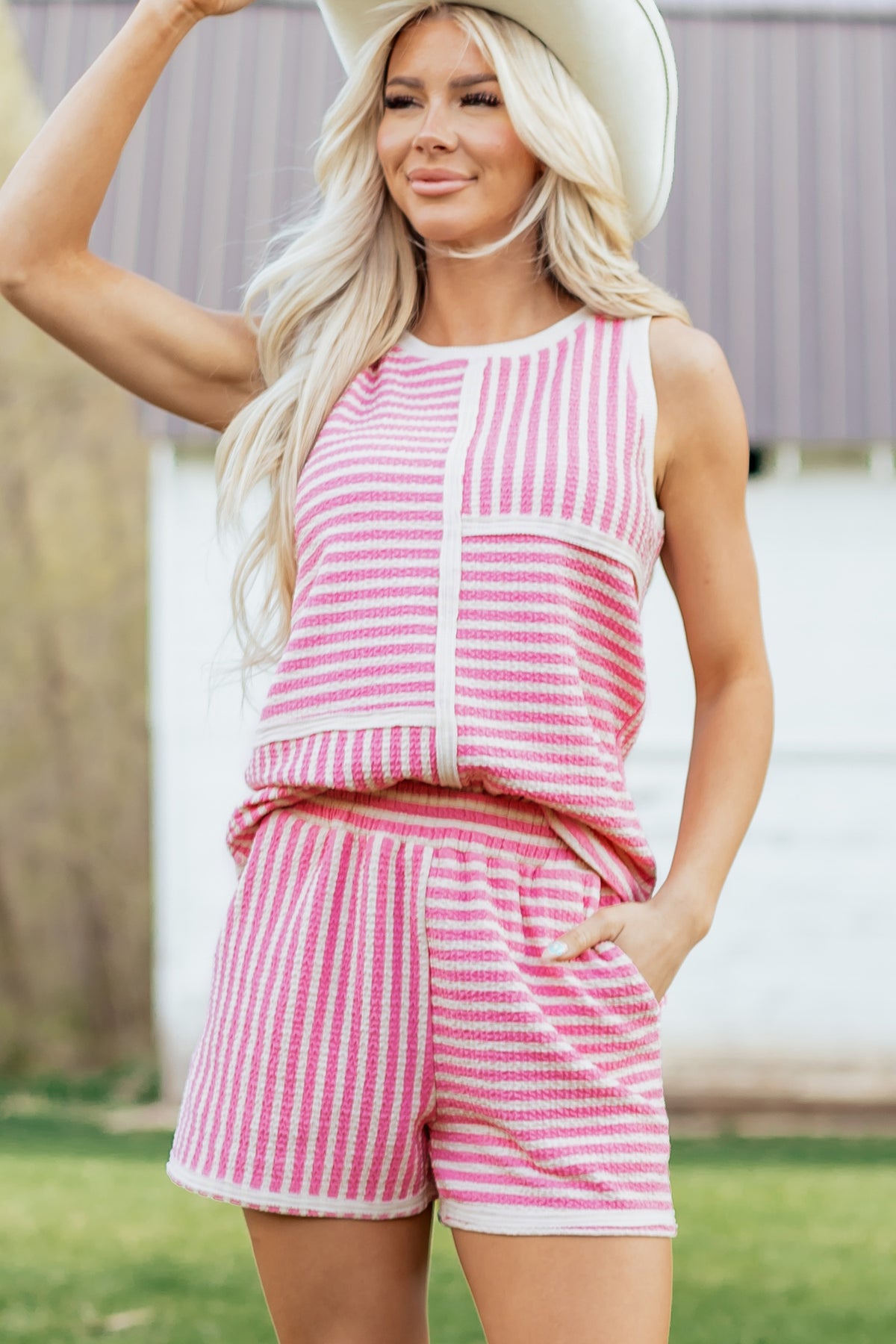 Women's Pink Stripe Textured Contrast Trim Casual Tank and Shorts Set