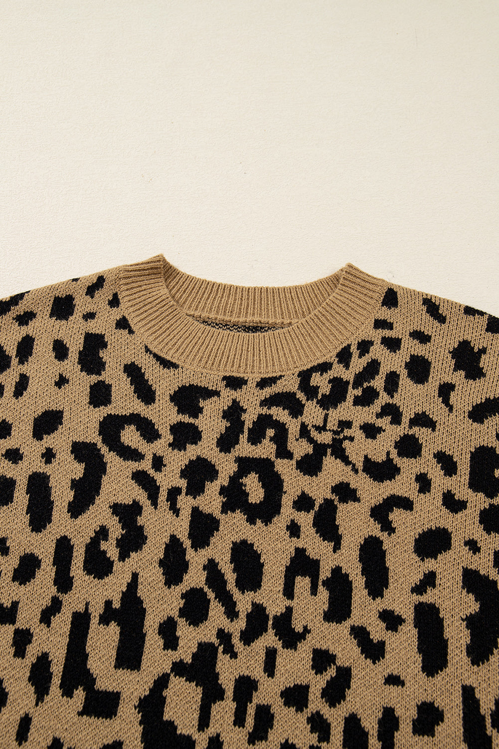 Light French Beige Ribbed Trim Round Neck Leopard Drop Shoulder Sweater