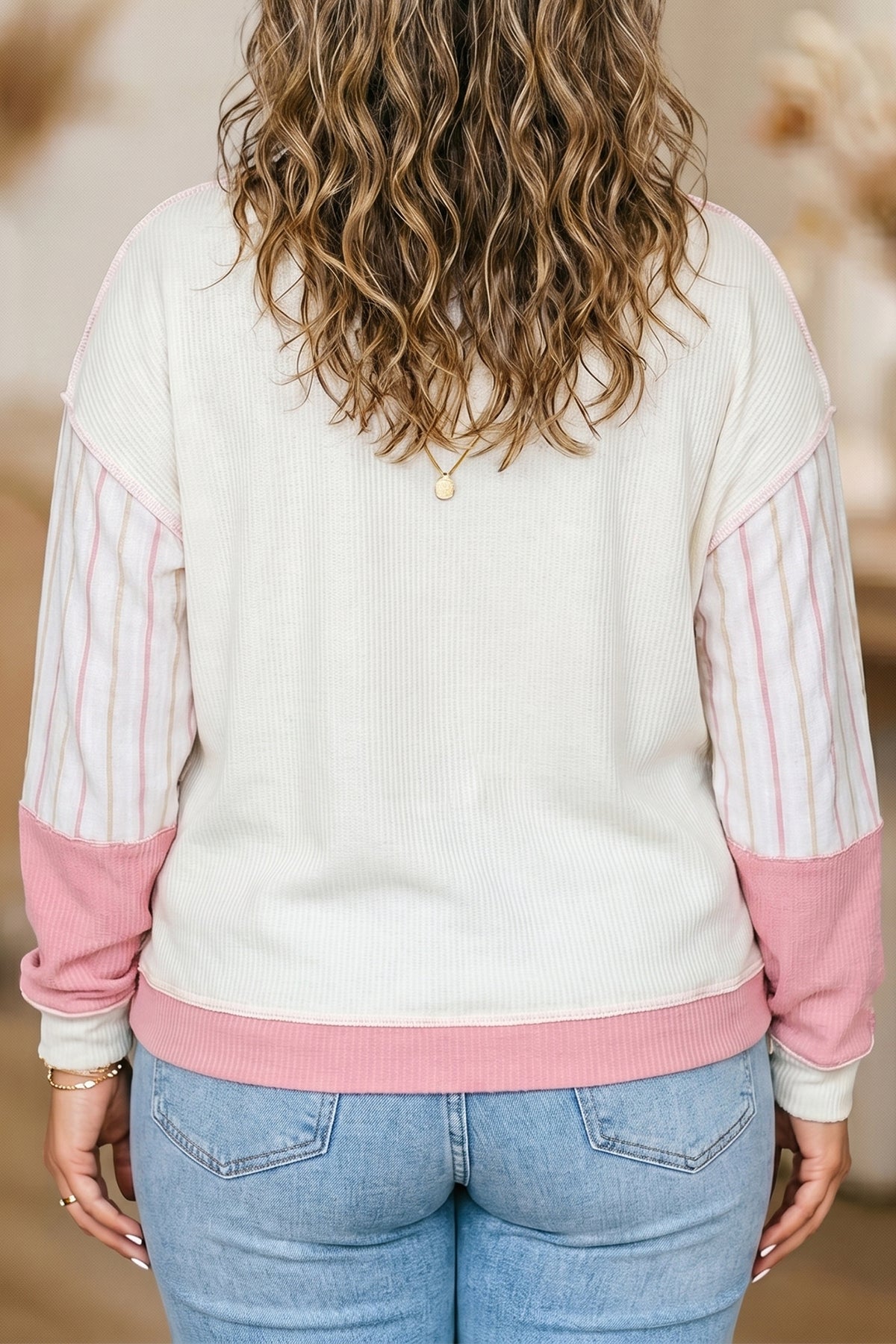 Pink Color-Block Plaid Panel Long-Sleeve Plus Size Blouse