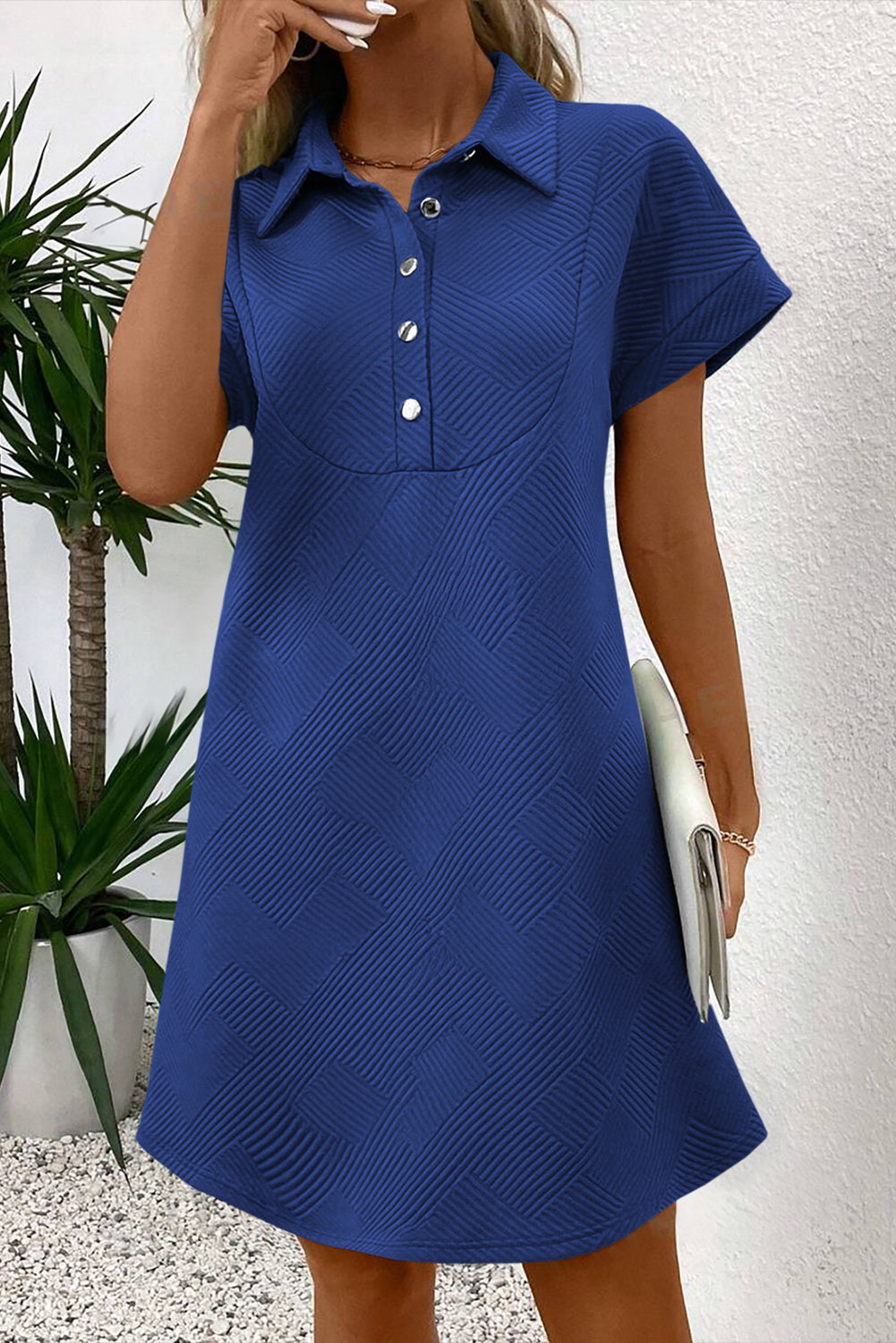 Myosotis Solid Color Textured Short Sleeve a Line Mini Dress