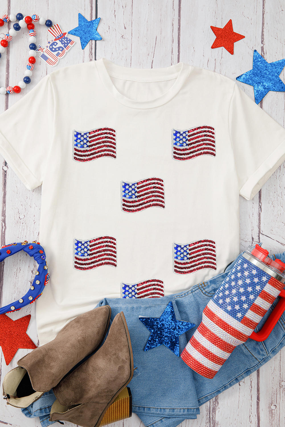White Sequin American Flag Patched Casual T-Shirt