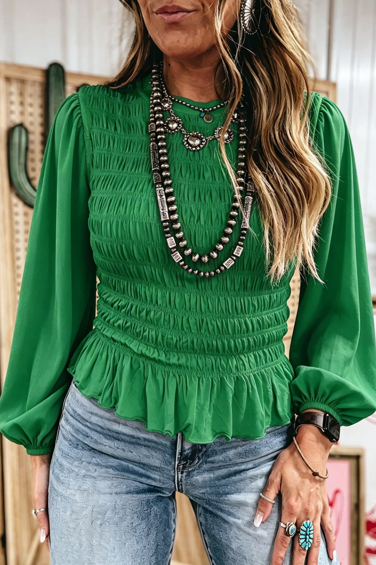 Coffee Solid Color Smocked Ruffle Hem Blouse