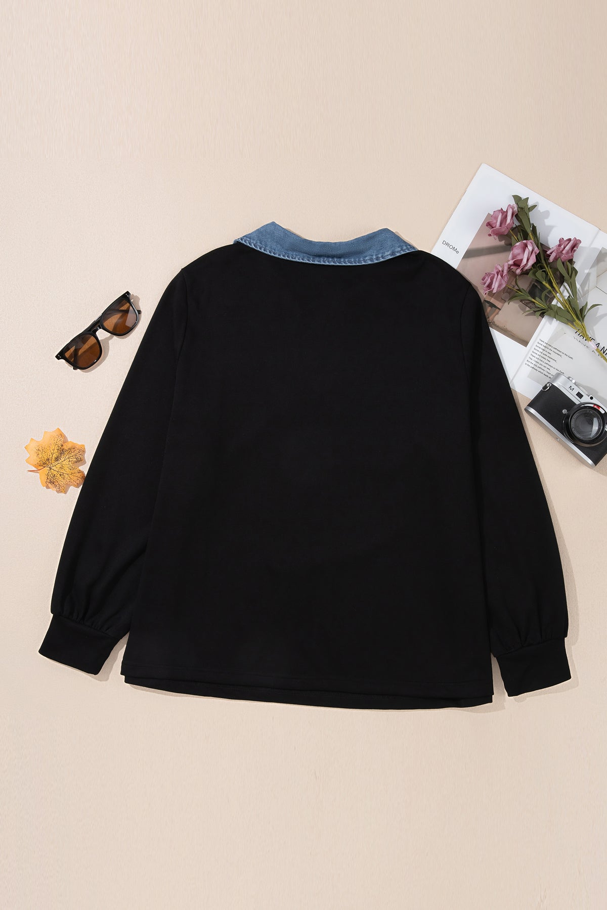 Black Solid V-Neck Tunic Shift Long-Sleeve Plus Size Blouse