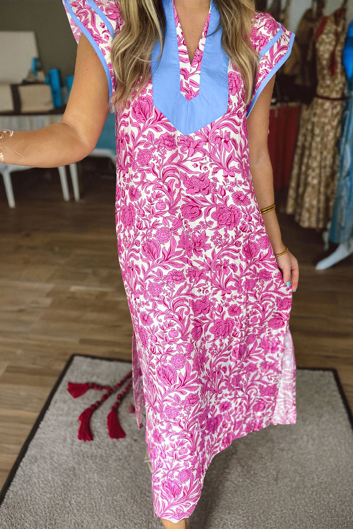 Pink Floral V-Neck Midi Dress