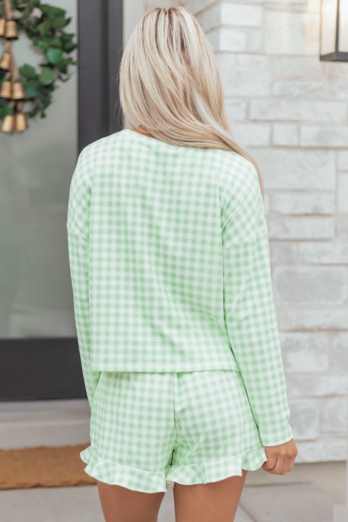 Green Gingham Long Sleeve Loose Top Drawstring Shorts Lounge Set