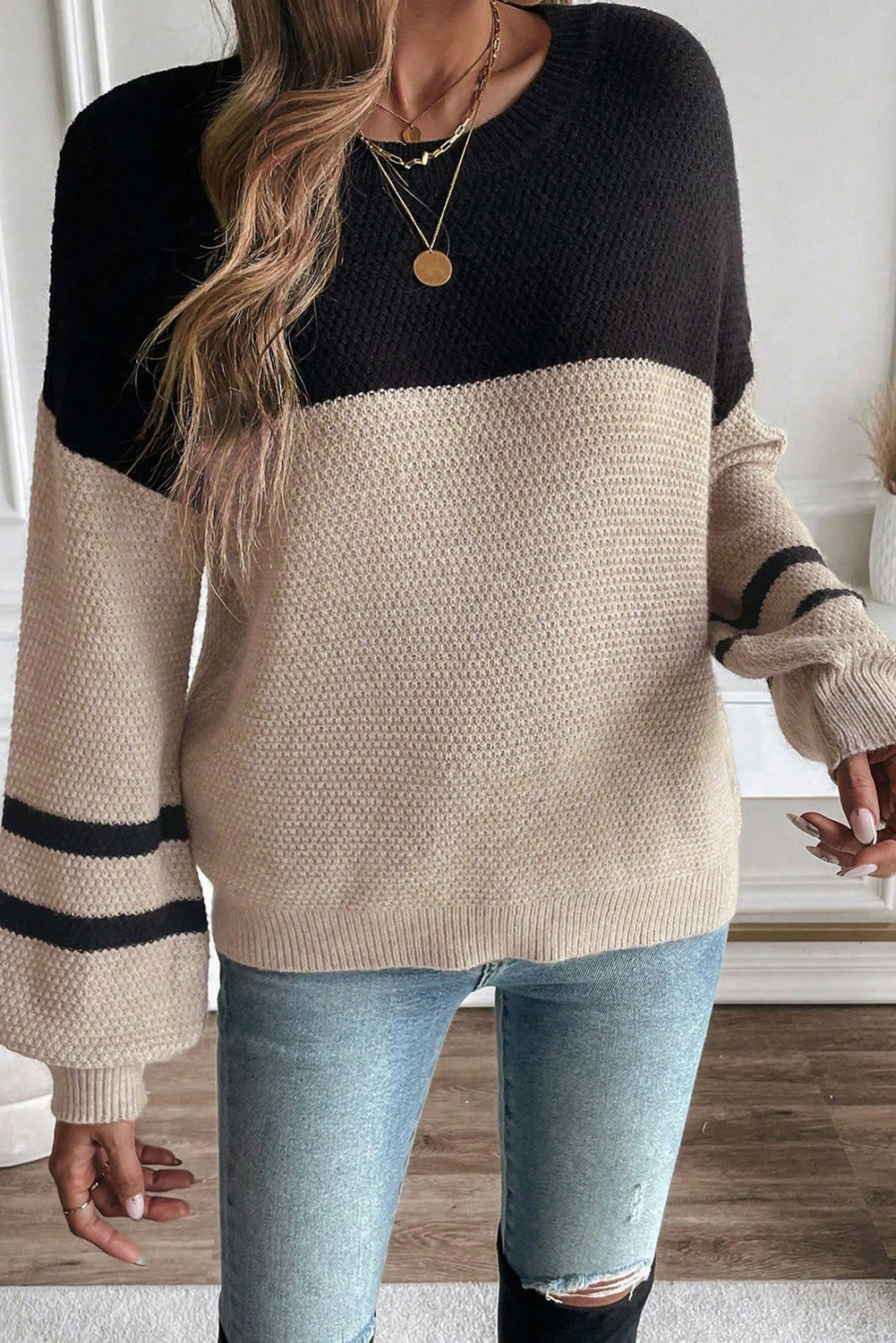 Parchment Color Block Knit Striped Sleeve Detail Casual Sweater