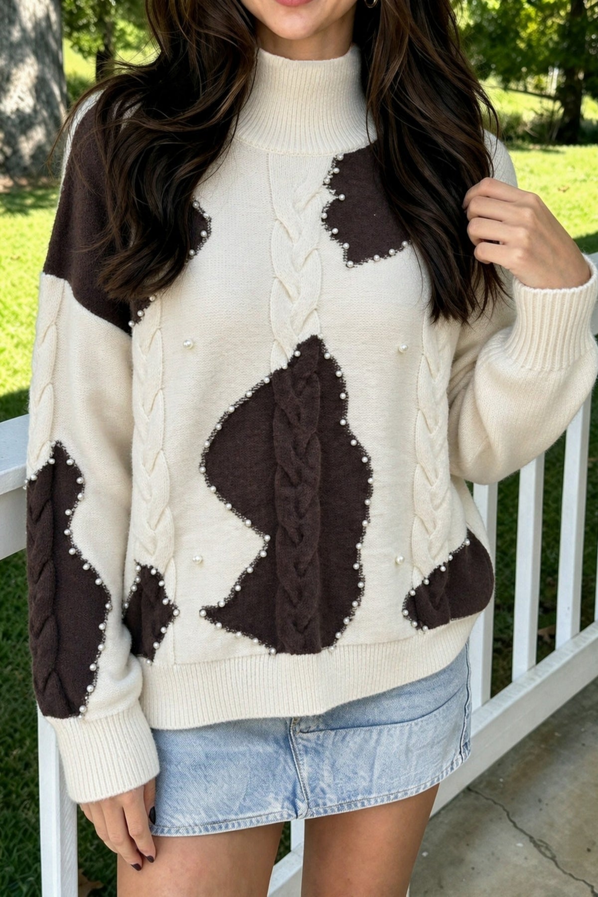 Beige Cable Knit Beaded Western Spots Sweater