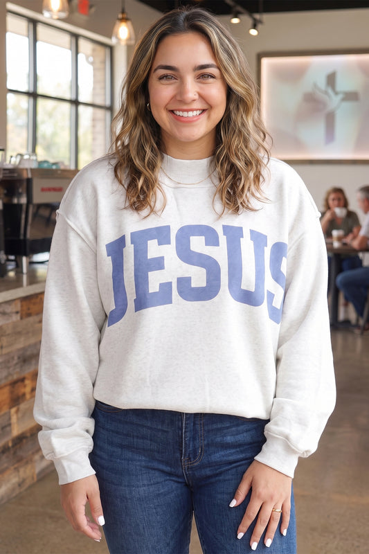 Light Grey Jesus Slogan Stand Neck Oversized Tunic Plus Size Sweatshirt