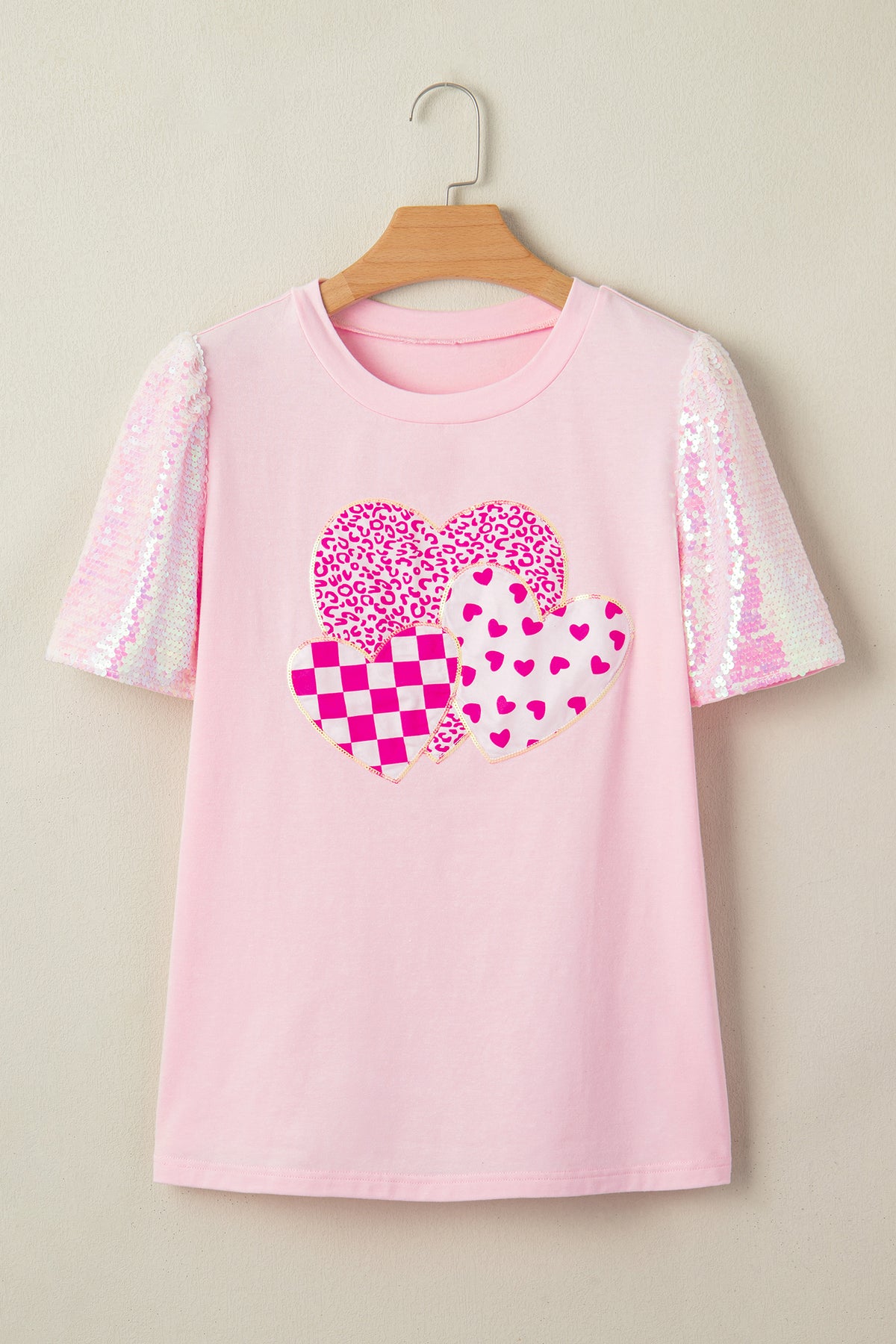 Light Pink Three Hearts Sequin Trim Contrast Sleeve Patchwork Tee