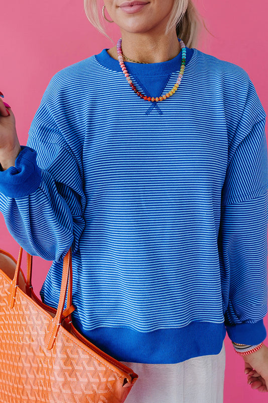 Blue Stripe Ribbed Cuffs Hem Pullover Top