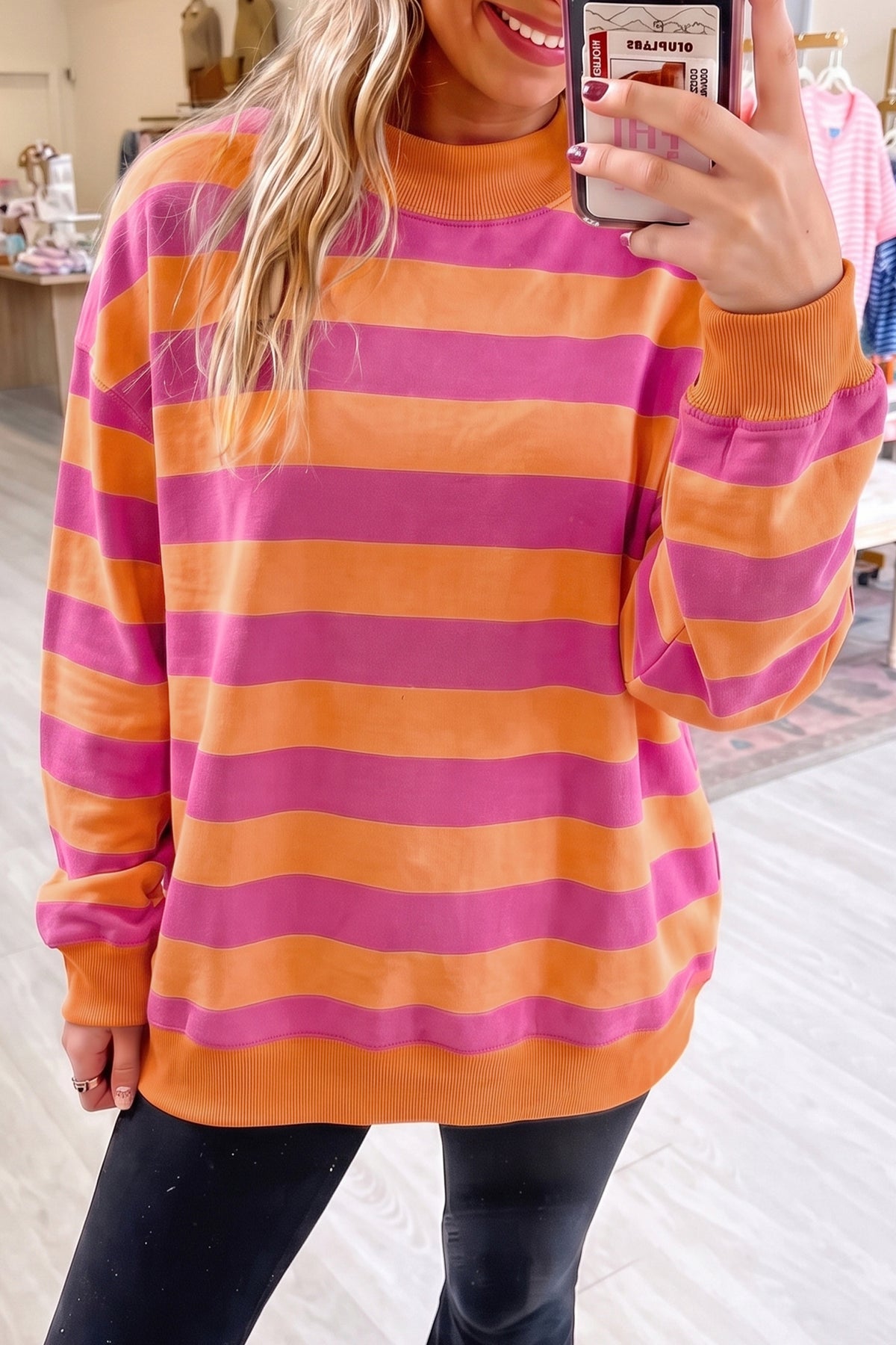 Orange Stripe Colorblock Mock Neck Sweatshirt
