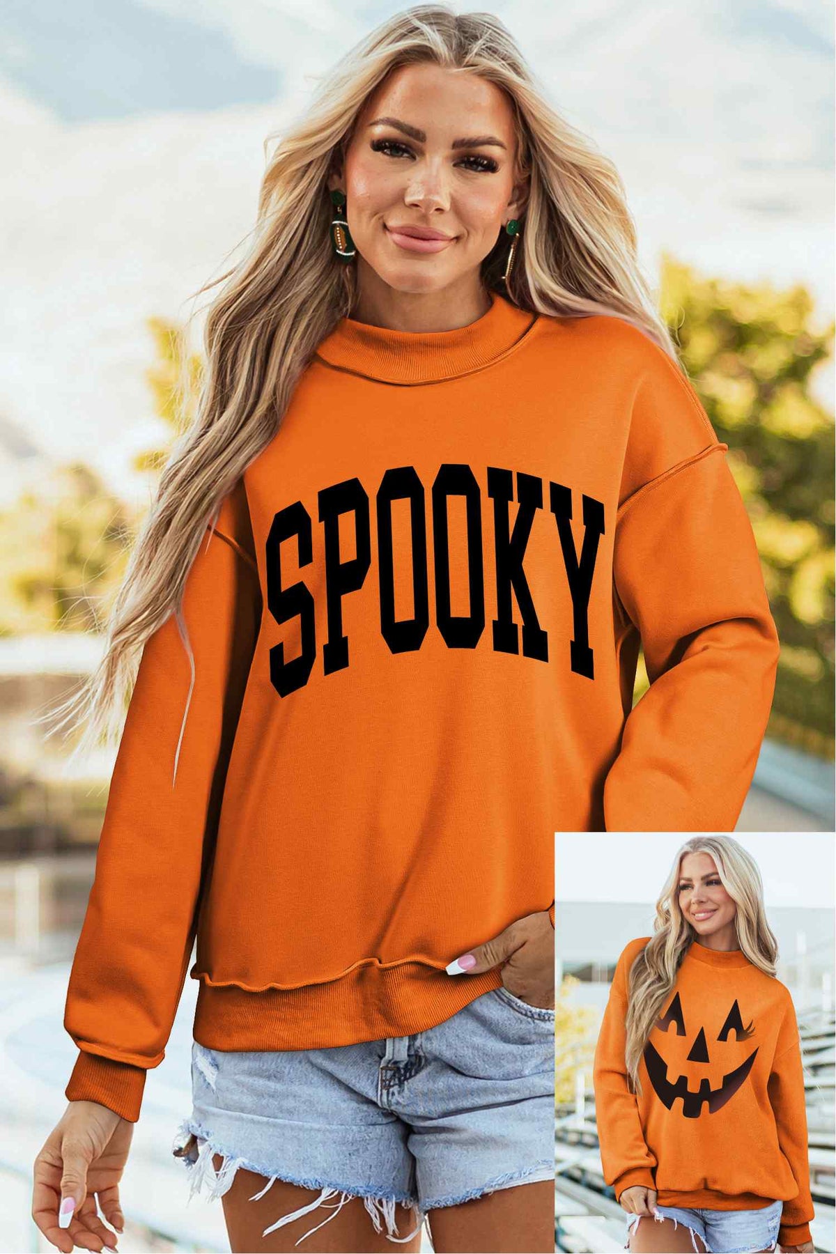 Carrot Oversized Halloween Print Mock Neck Reversible Sweatshirt