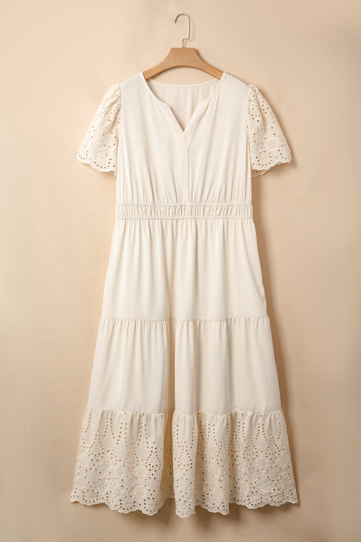 Apricot Plus Size V-Neck Lacy Embroidery Patchwork Short-Sleeve Maxi Dress