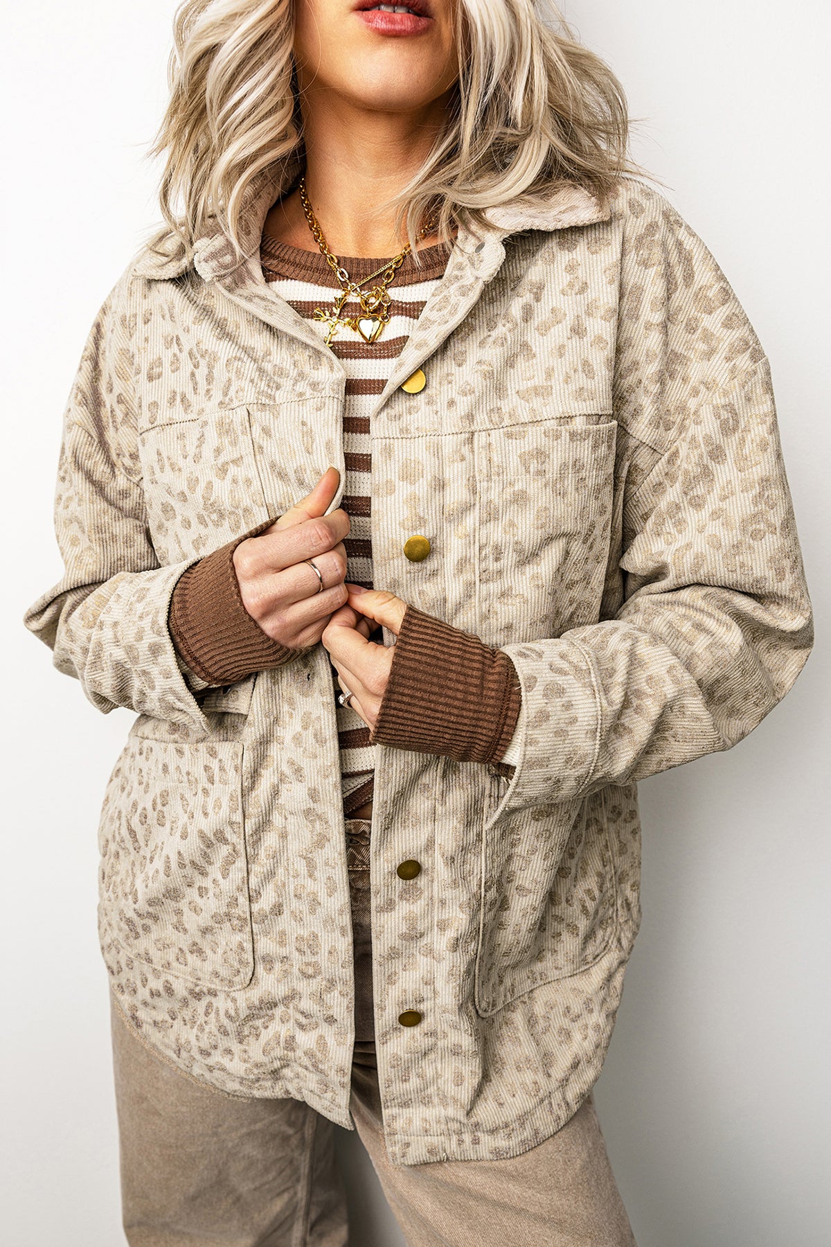 Khaki Leopard Print Corduroy Shirt Collar Long Sleeve Jacket