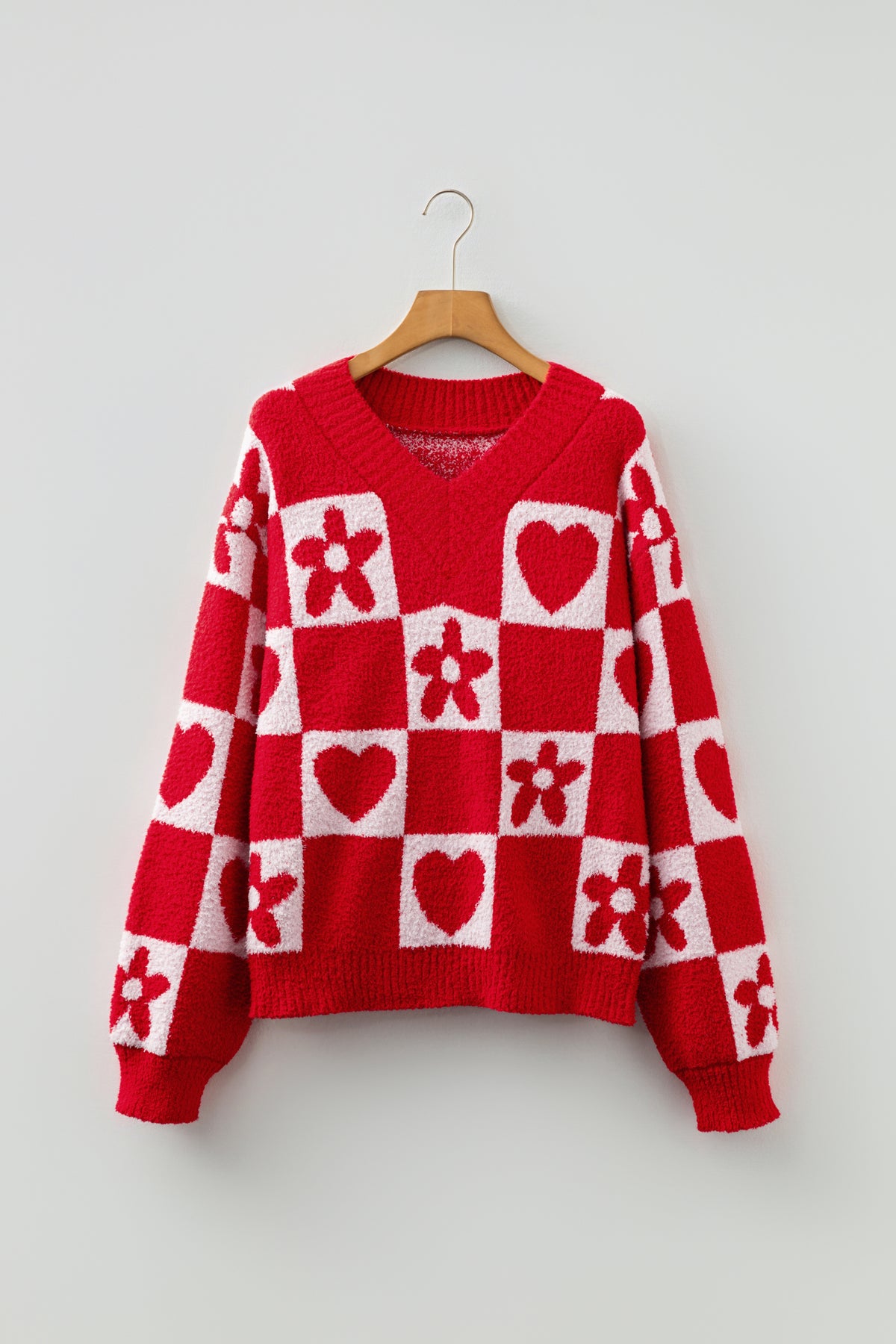 Fiery Red V Neck Flower Heart Detail Checkered Knit Loose Sweater