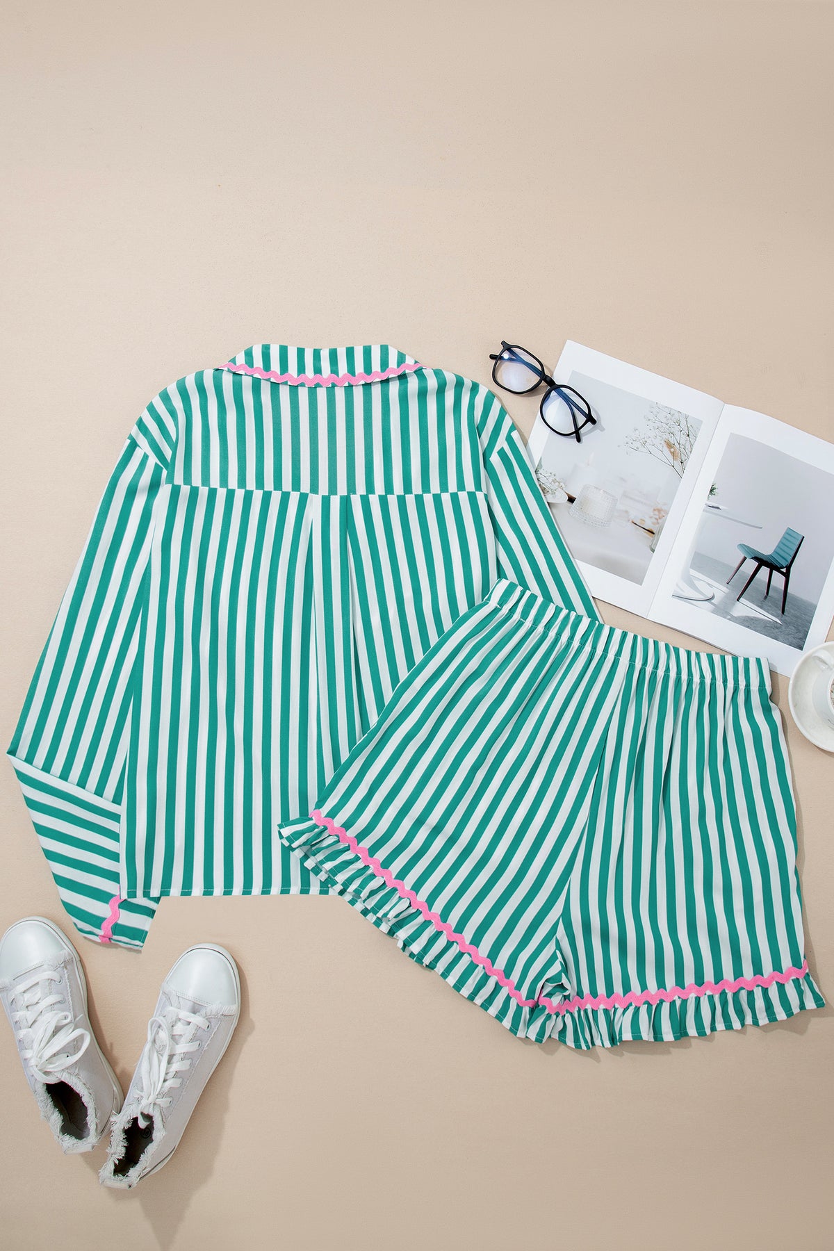 Green Stripe Ricrac Trim Long Sleeve Shirt and Ruffled Shorts Pajama Set