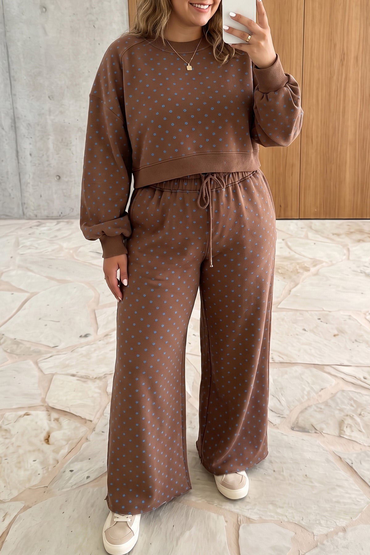 Brown Polka Dot Round-Neck Long-Sleeve Plus Size Set