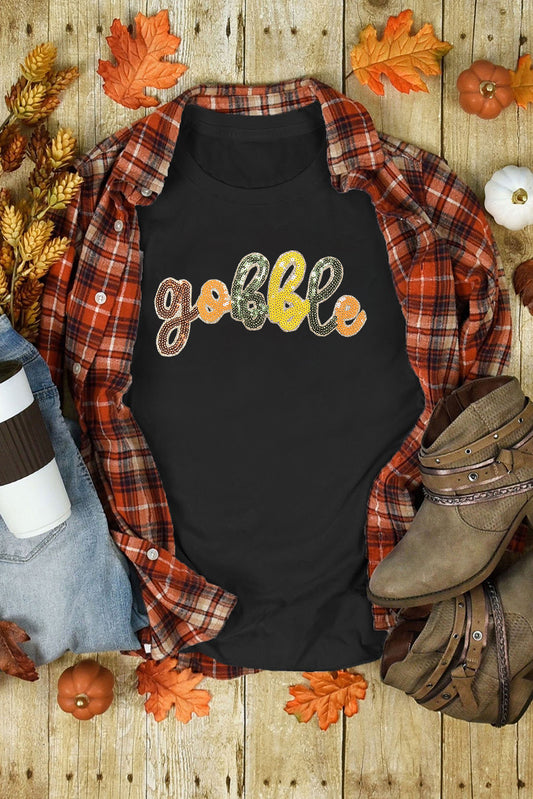 Black gobble Sequin Letter Graphic Thanksgiving T-Shirt