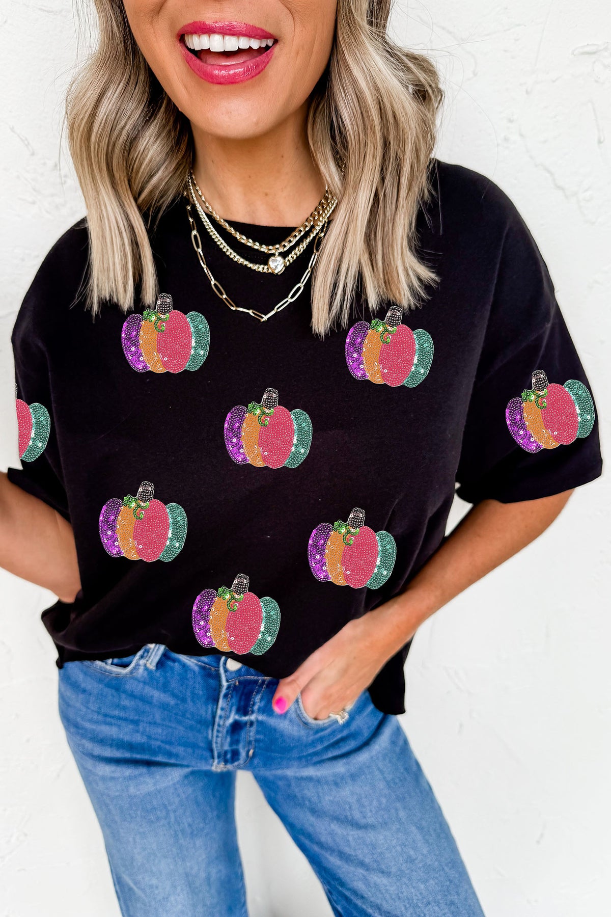 Black Sequined Pumpkin Graphic Round Neck Casual T-Shirt