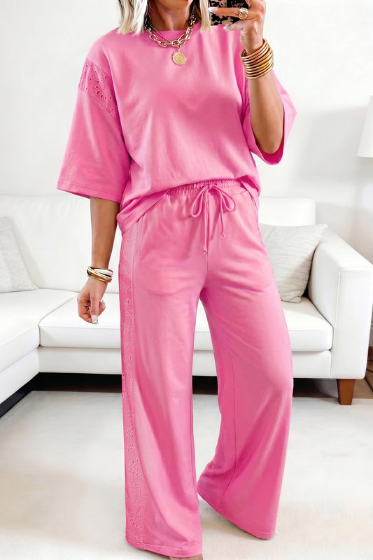 Sachet Pink Lace Patchwork Half Sleeve Top Pants Two Piece Set