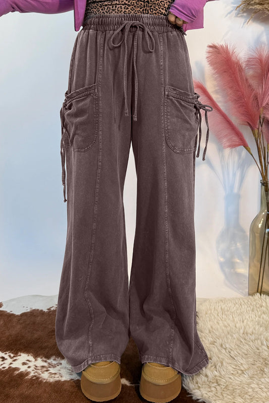 Dark Brown Cotton Mineral Wash Elastic Waist Drawstring Tie Cargo Pants