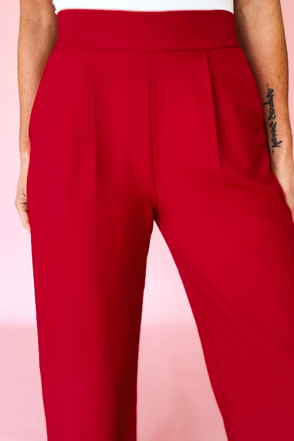 Fiery Red Pleated Pull On High Elastic Waist Loose Straight Pants