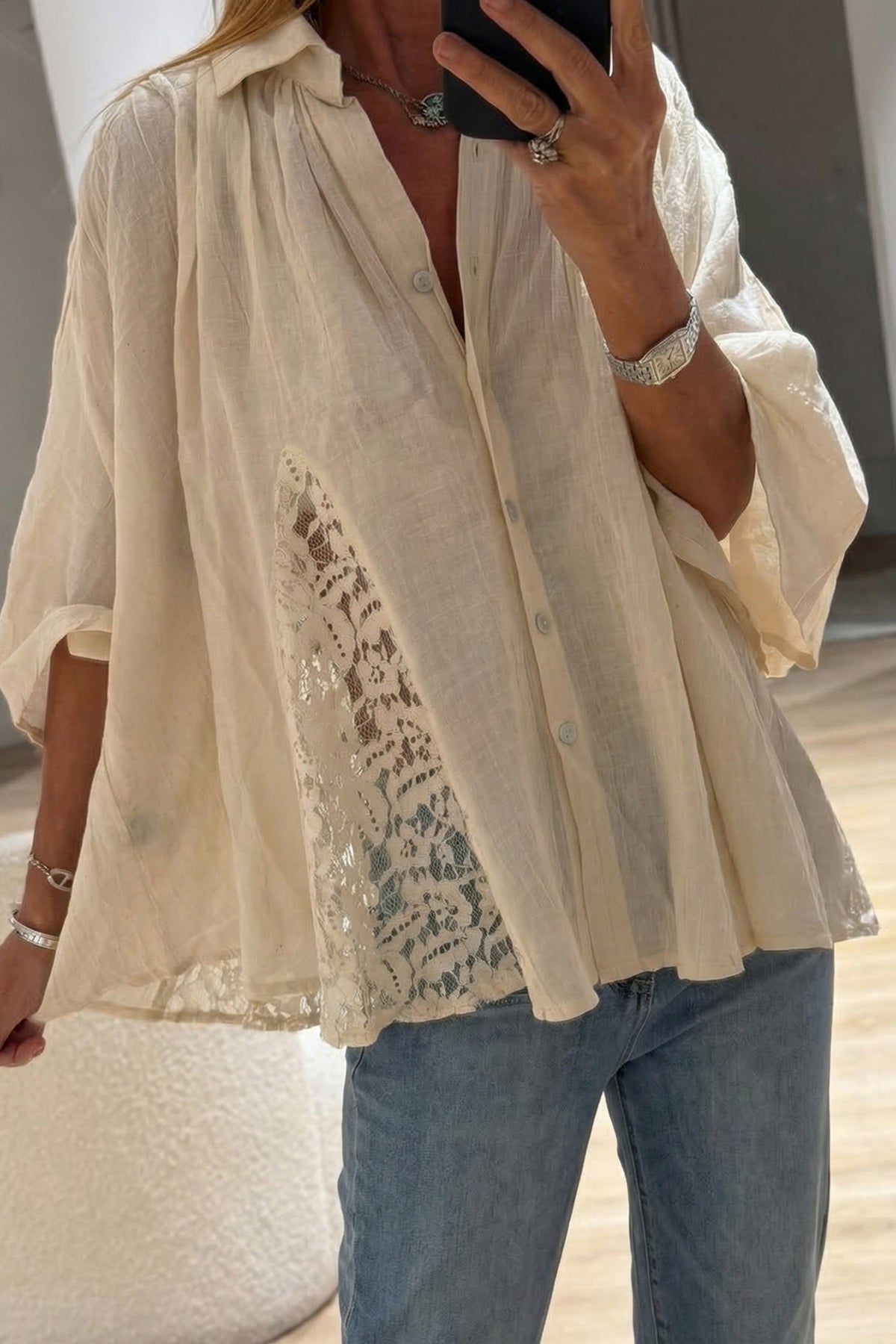 Oatmeal Sheer Lace Splicing Detail Bracelet Sleeve Flowy Shirt