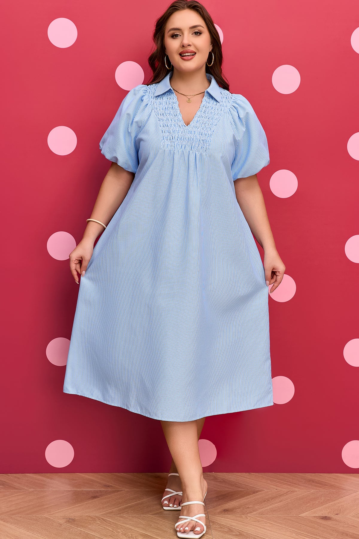 Sky Blue Stripe Shirred Detail Collar V-Neck Plus Size Midi Dress