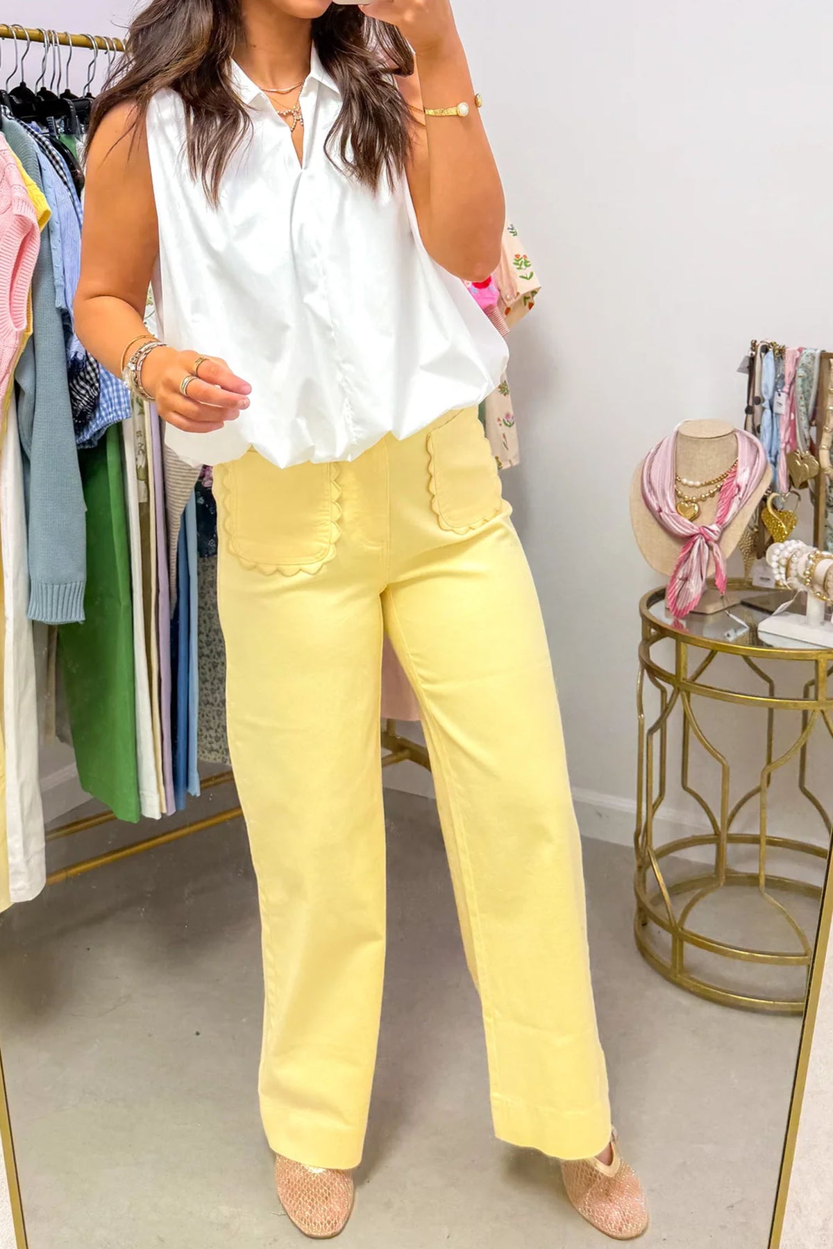 Yellow Solid Scalloped Patch Pocket Shift Jeans