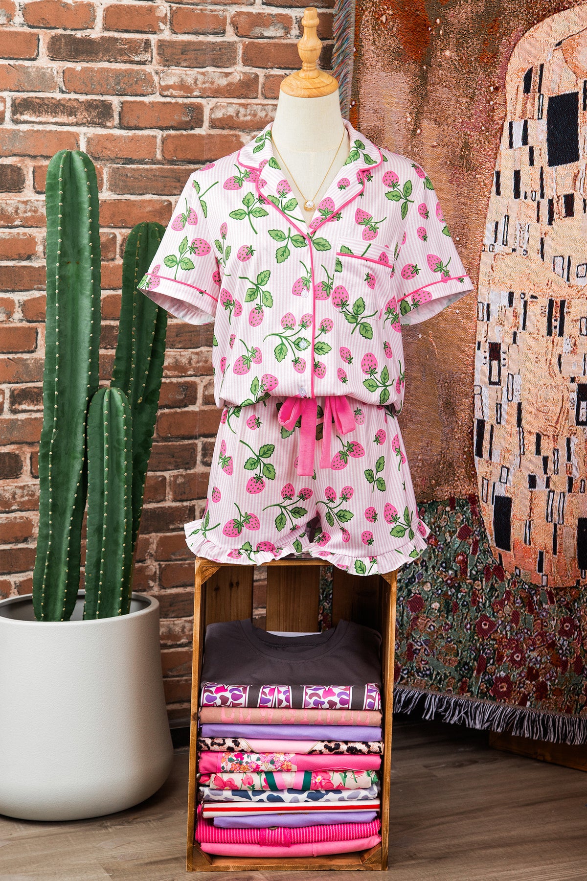 Pink Striped Strawberry Print Lapel Shirt and Shorts Pajama Set