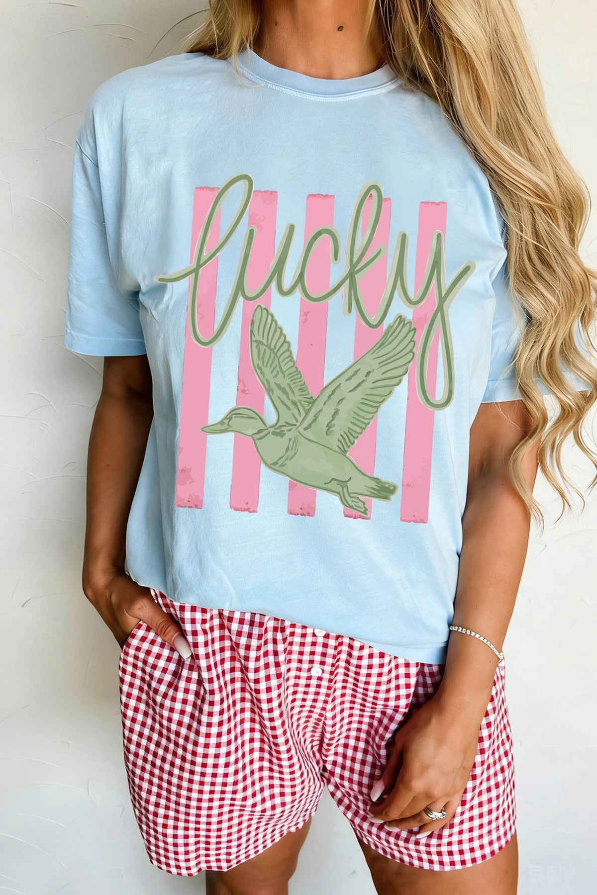 Light Blue Lucky Duck Print Casual Round Neck T-Shirt