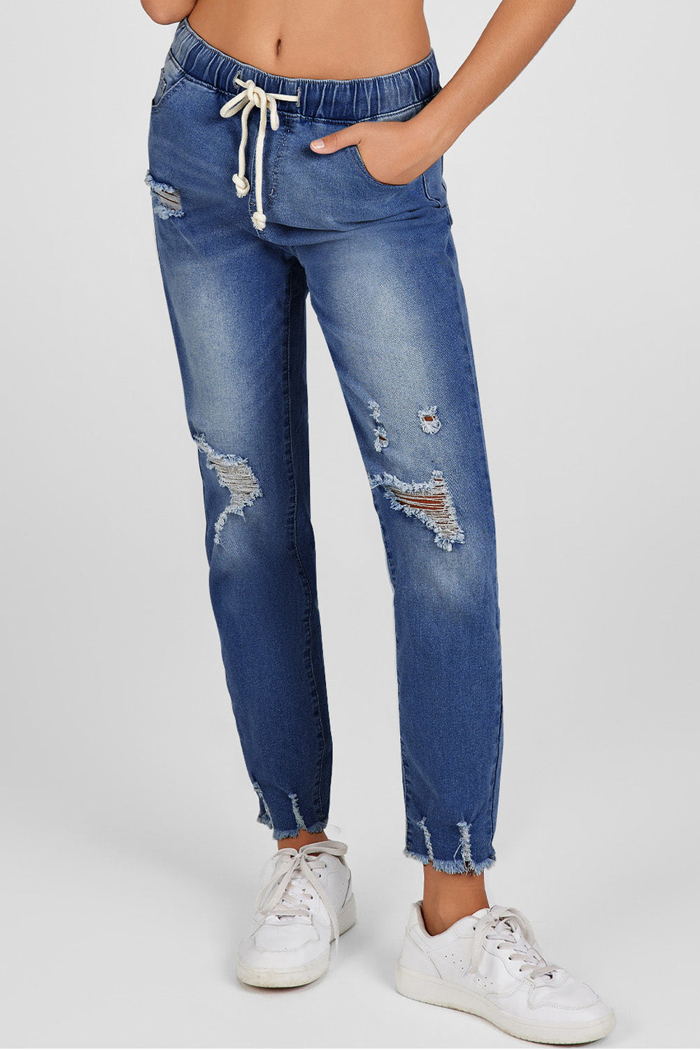 Dark Blue Elastic Waist Straight Leg Destroyed Raw Hem Jeans
