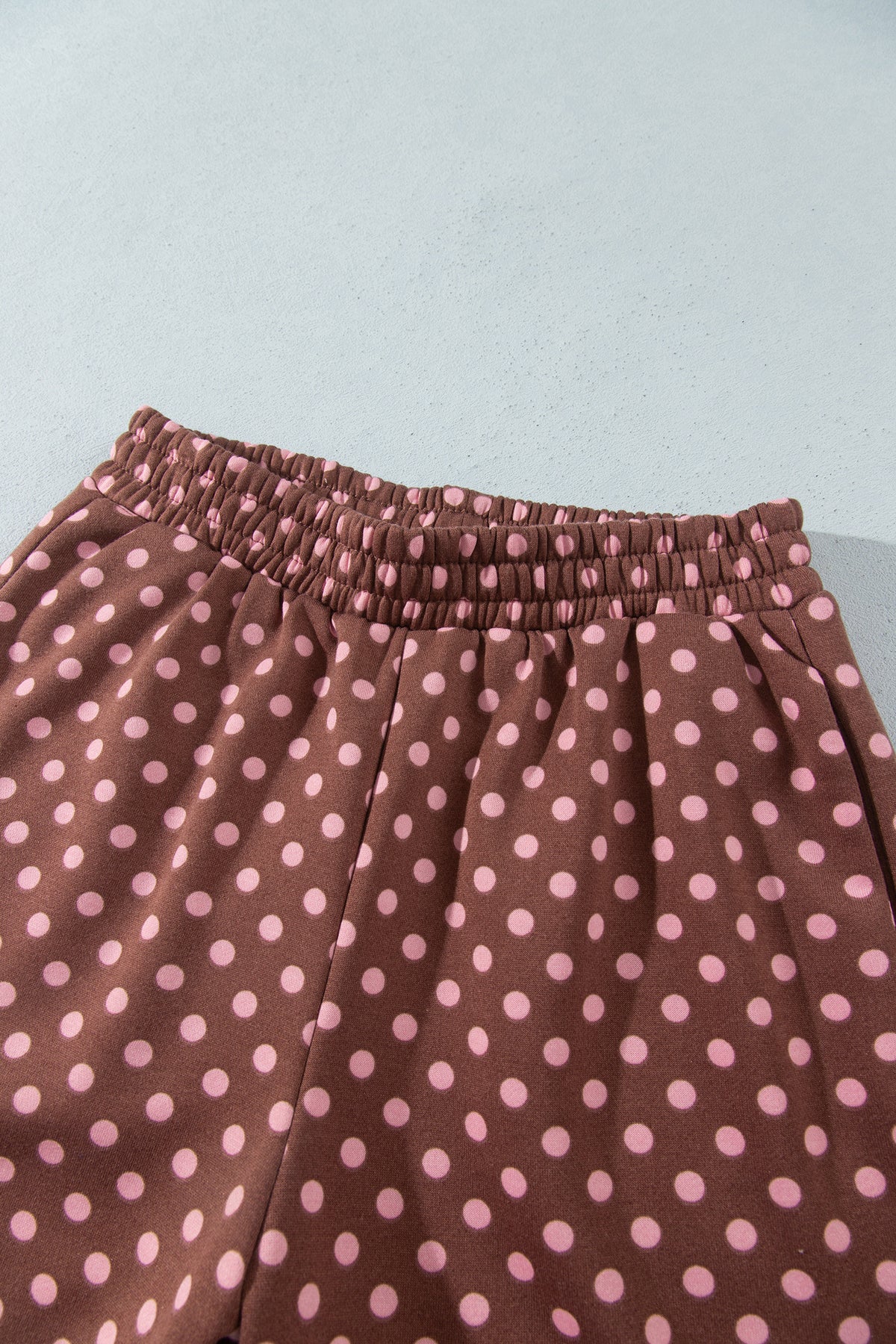 Brown Polka Dot Contrast Baggy Pullover and Elastic Waist Shorts Set