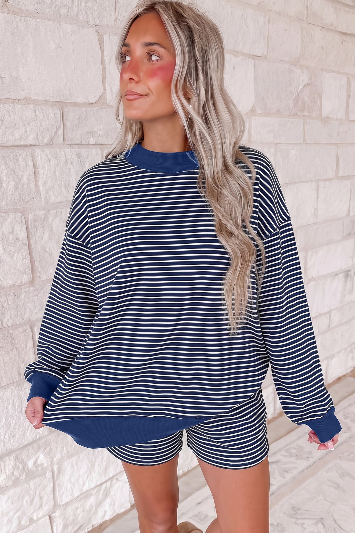 Women's Pink Stripe Ribbed Patchwork Mock Neck Baggy Pullover Matching Shorts Set