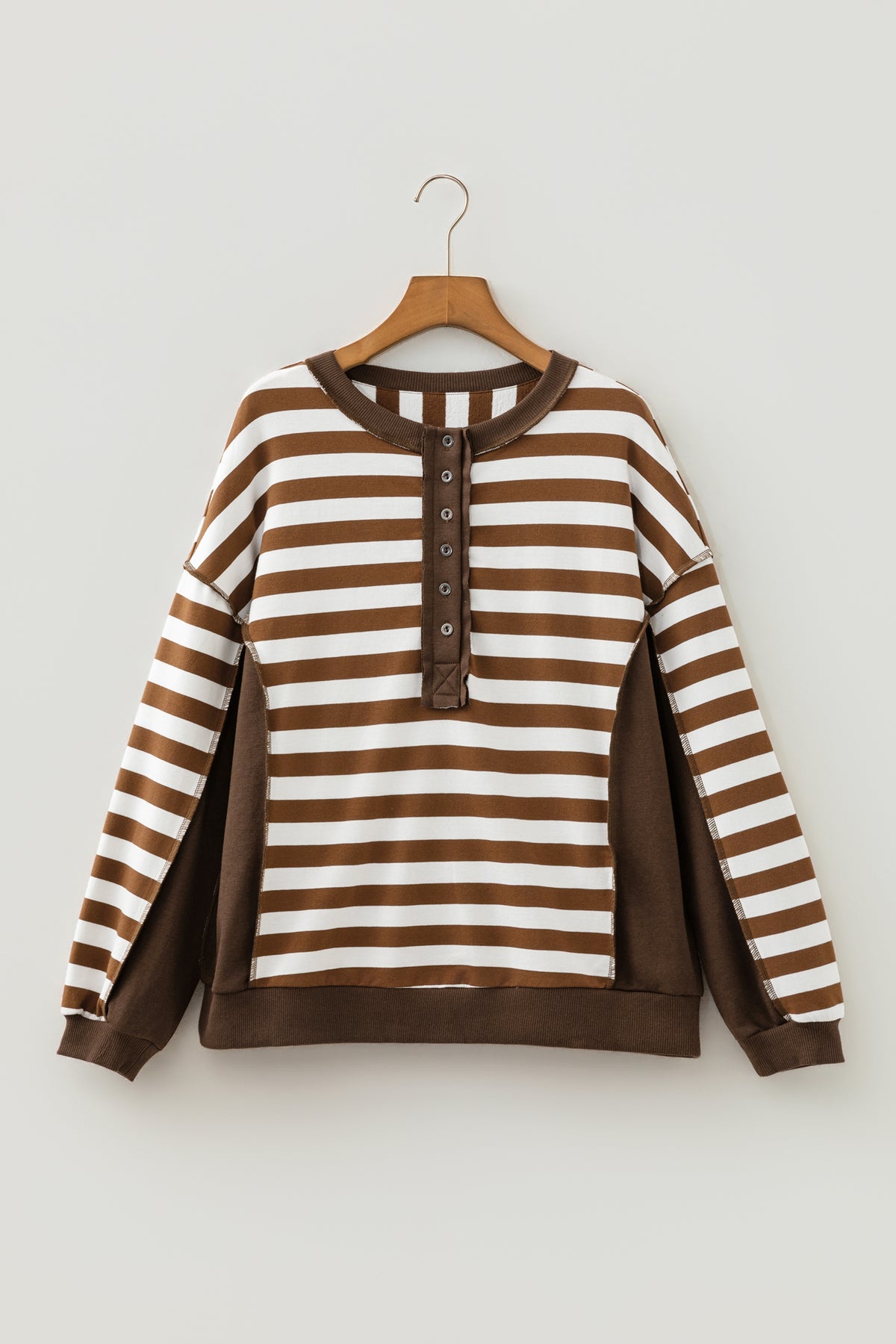 Brown Stripe Exposed Seam Color Block Button Placket Sweatshirt