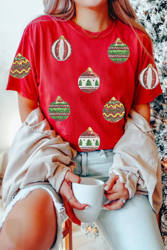 Red Christmas Ornament Bulbs Sequin Graphic Tee
