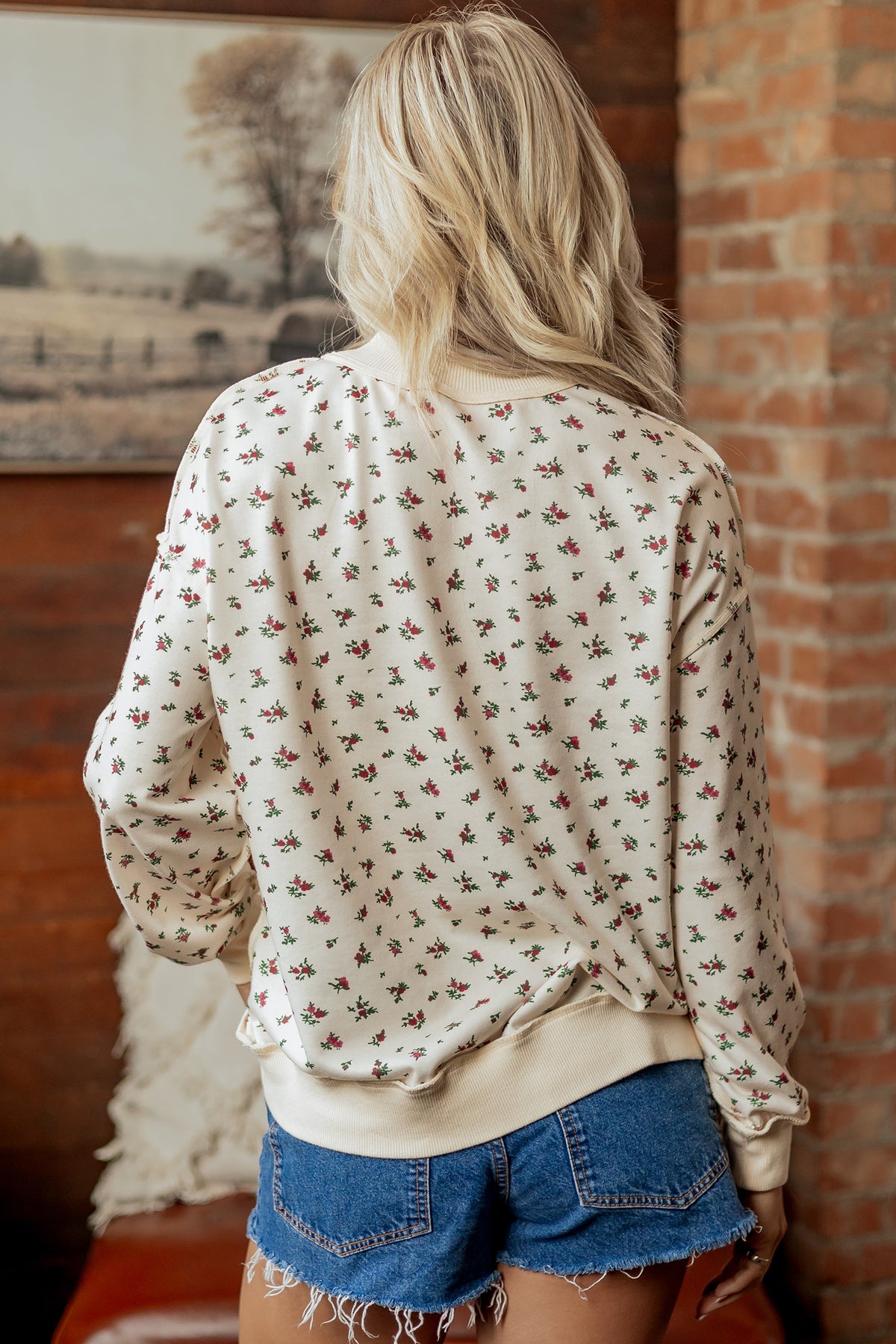 Beige Floral Print Stand Neck Slogan Sweatshirt
