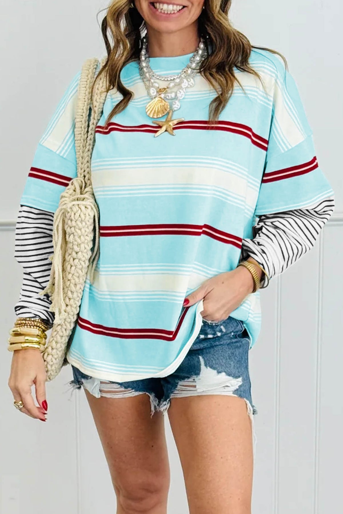 Sky Blue Stripe Striped Patchwork Pullover Top
