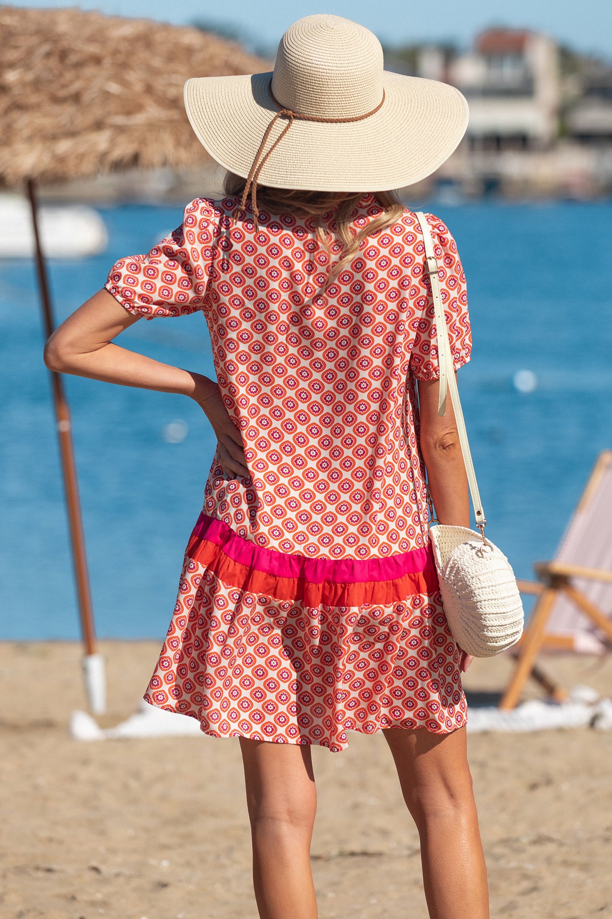 Orange Geometric Floral Print Color Block Trim Ruffle Hem Dress