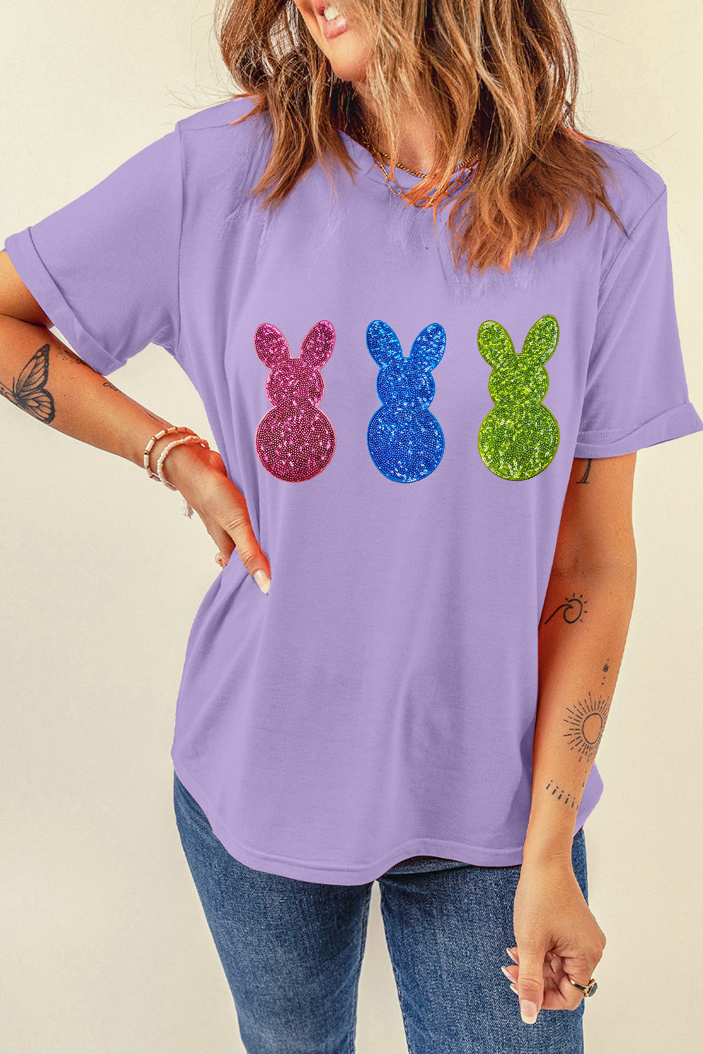 Wisteria Easter Shiny Bunny Graphic Crewneck T-Shirt