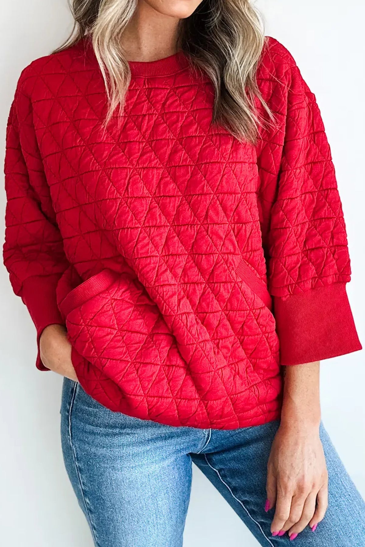 Fiery Red Quilted Diamond 3/4 Sleeve Pocket Top